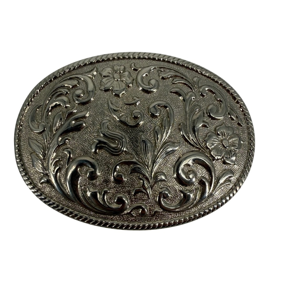 Vintage Western Floral Scrollwork Oval Belt Buckle Silver Tone Metal Ornate